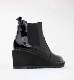 Cecelia New York -Gemma Slip On Low Wedge Boot Black Patent