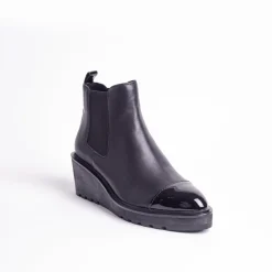 Cecelia New York -Gemmain Captoe Slip On Low Wedge Boot Black Leather Outlet